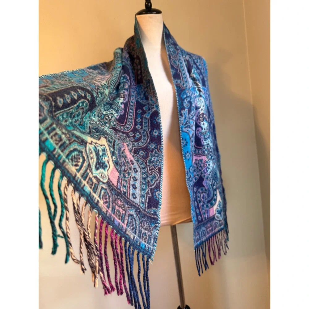 Fraas Cashmink Scarf Blue Purple Paisley Bohemian Fringe boho whimsigoth paisley - Picture 1 of 5